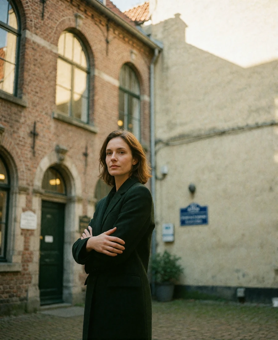 Composed woman in a tailored coat standing in a quiet European courtyard, illustrating why generic first messages fail