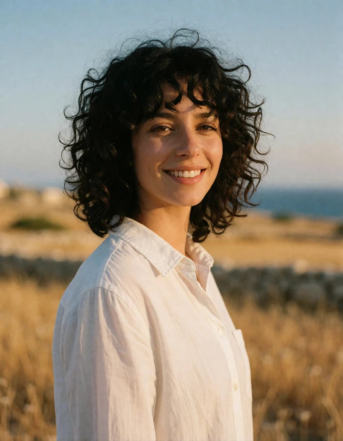 Maltese woman in her late twenties with dark curly hair and a white cotton shirt on Gozo island