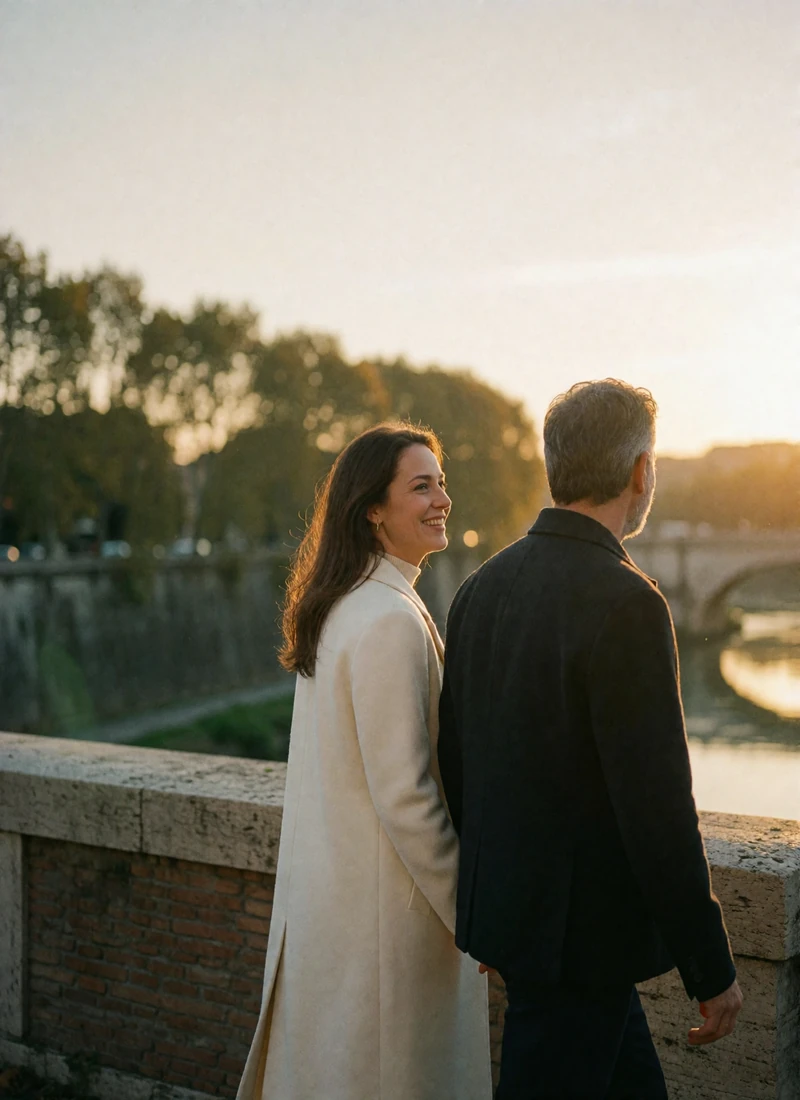 Couple in their forties walking along a Tiber embankment at sunset near Vatican City
