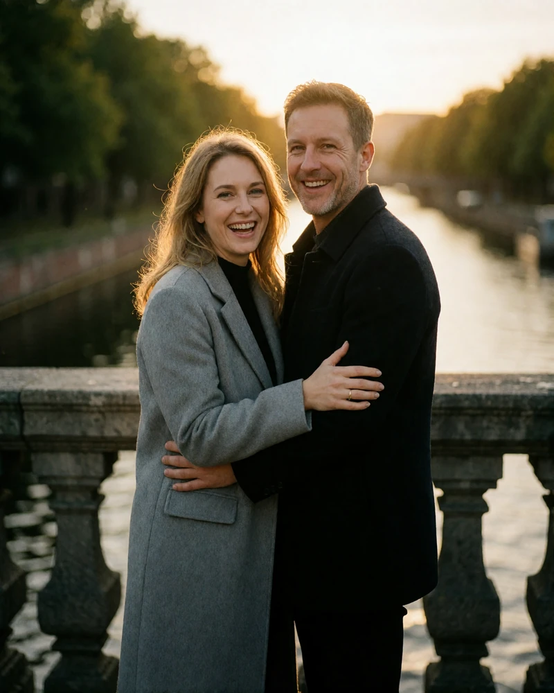 Couple in their late thirties laughing together on a Berlin canal bridge at golden hour