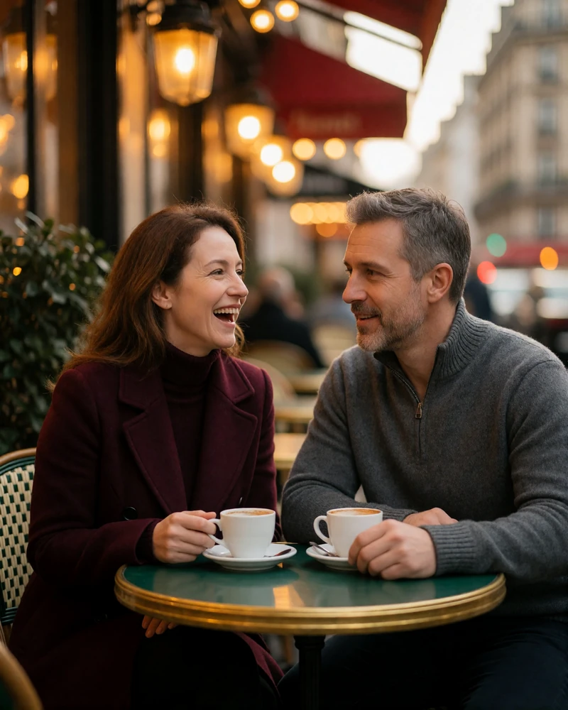 Couple in their forties at a small round cafe table on a Paris terrace at dusk