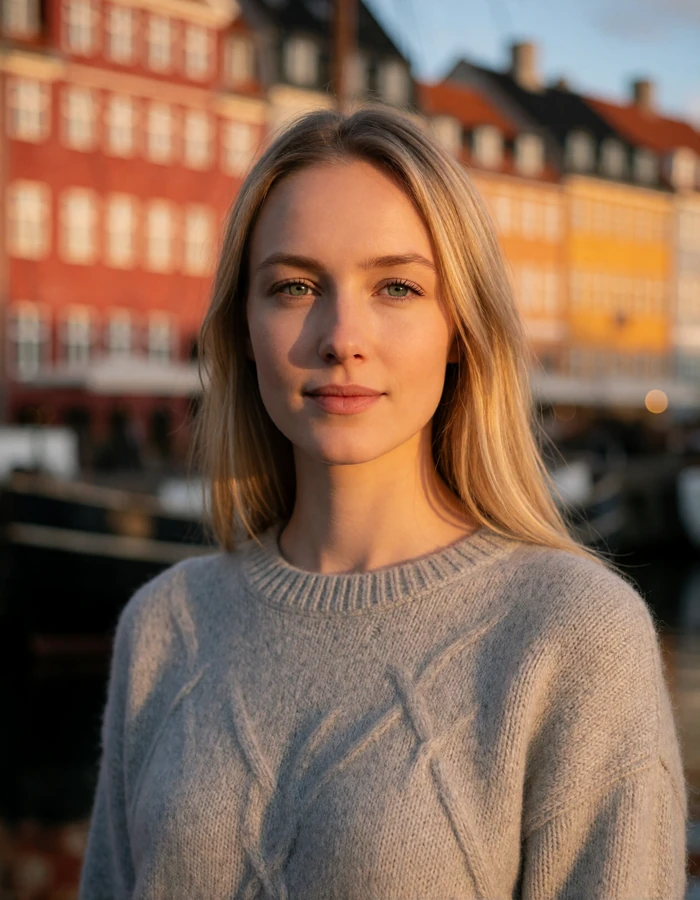 Danish woman in her late twenties with straight light-blonde hair in front of colorful Copenhagen harbor facades