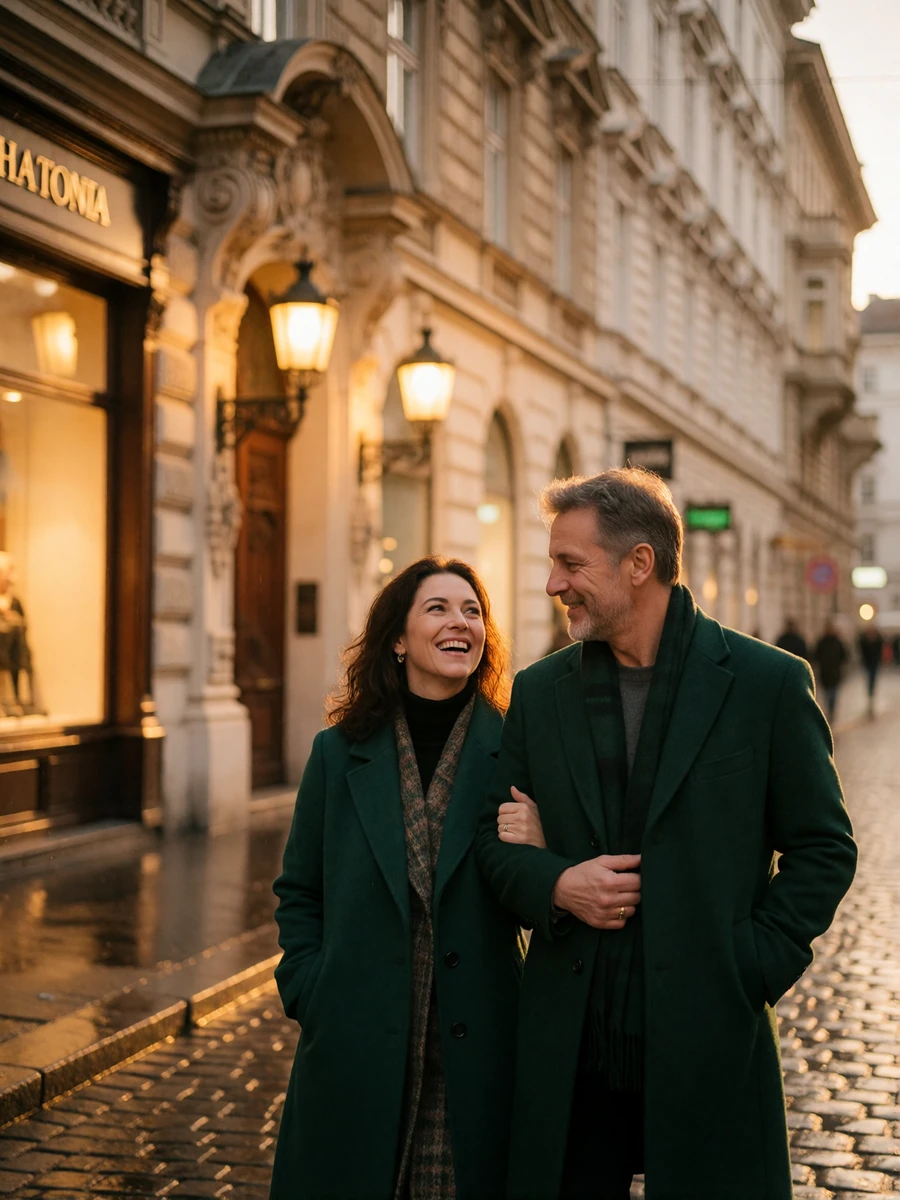 Couple in their forties walking arm in arm along a Viennese street in evening coats past ornate lamplit facades
