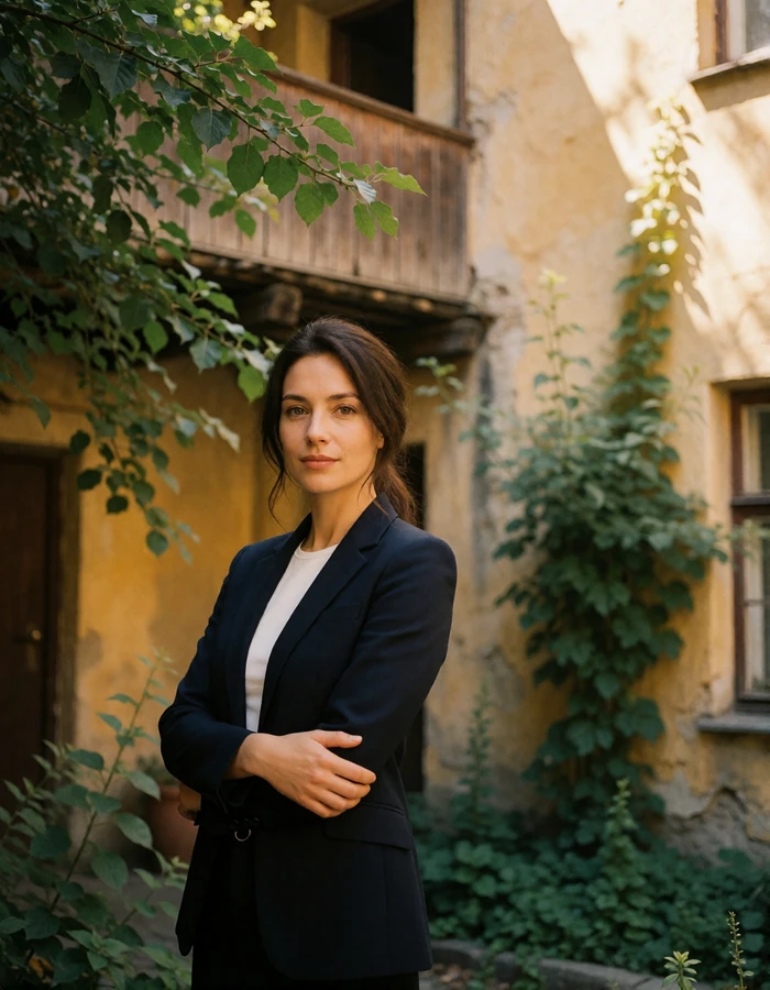 Lithuanian woman in a navy blazer standing in a leafy Uzupis courtyard in Vilnius