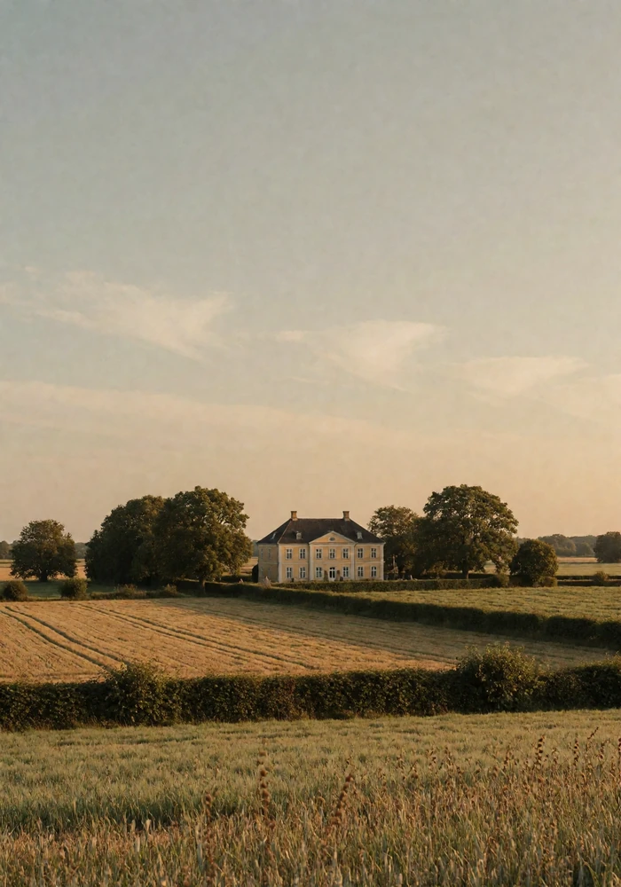 Pale Danish manor house among old trees and hedgerows in gentle countryside