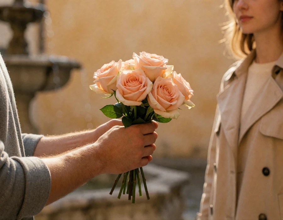 Small bouquet of peach and cream roses offered by hand in a sunlit Italian piazza