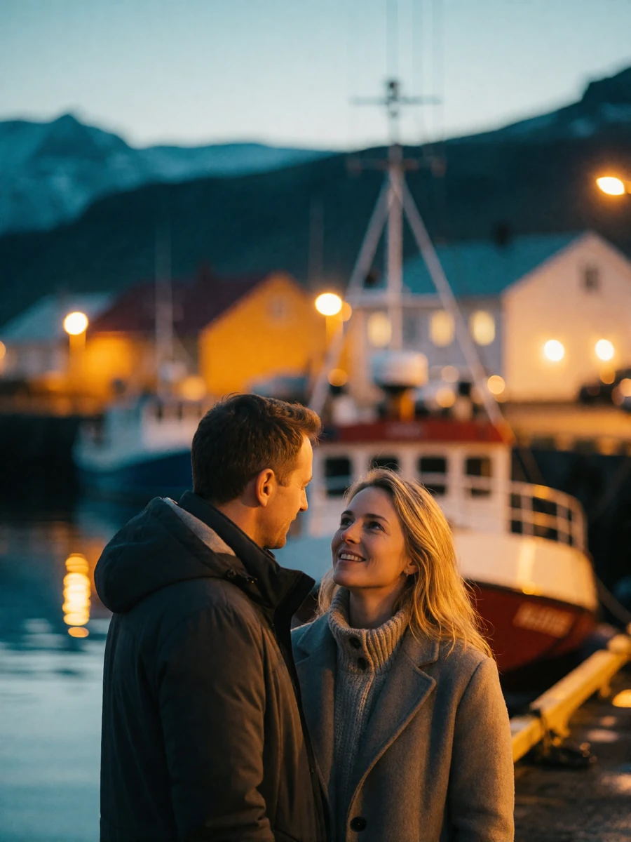 Couple in their late thirties standing close together on a Reykjavik harbor walkway at dusk with moored boats behind them