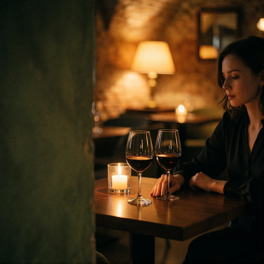 Intimate corner of a Riga wine bar in the evening with candlelight and two stemmed glasses on a walnut table