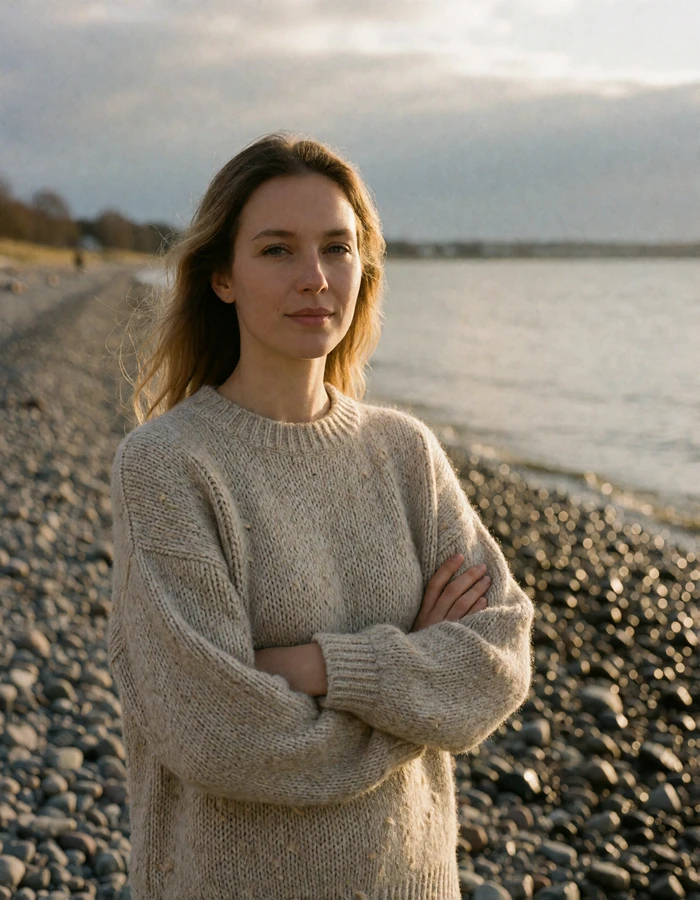 Estonian woman in an oatmeal knit sweater standing on the Pirita shoreline near Tallinn