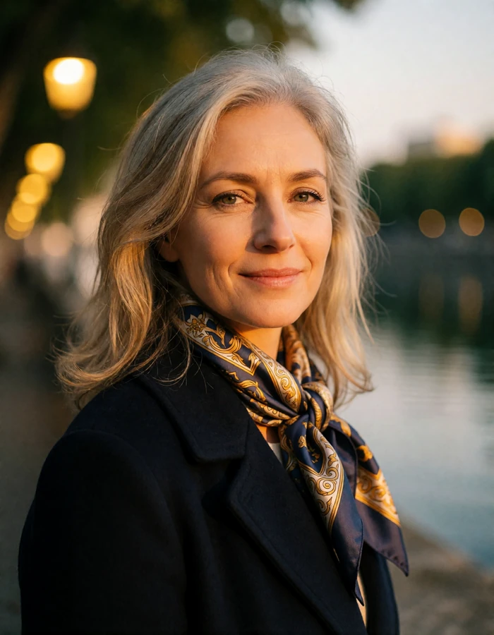 French woman in her forties with ash-blonde hair and a patterned silk scarf near a riverside quay