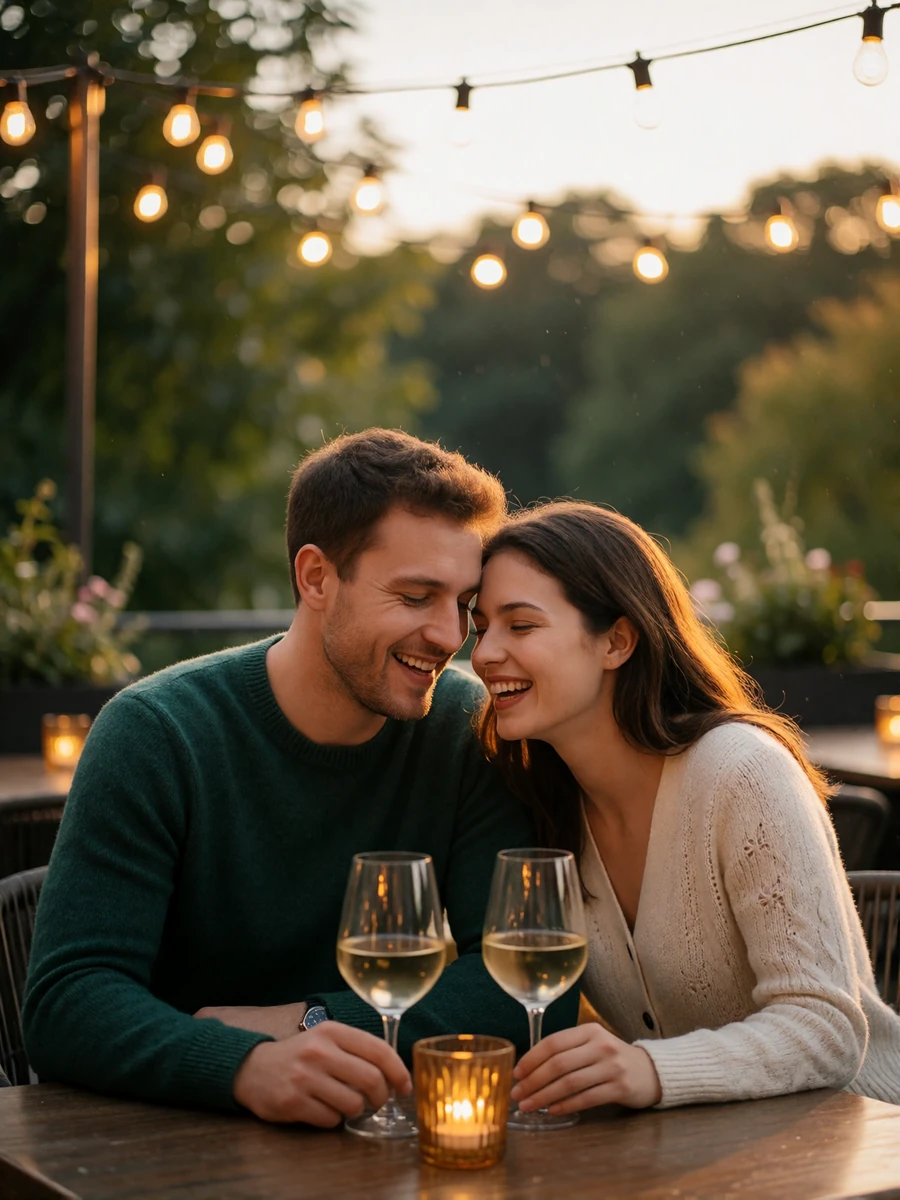 Couple sitting close at an outdoor terrace table in Luxembourg with two glasses of white wine, laughing together