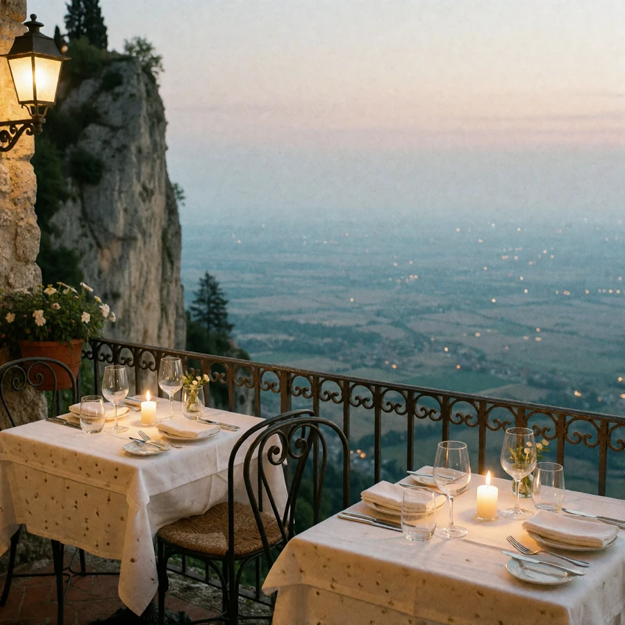 Intimate cliff-edge restaurant terrace in San Marino at dusk overlooking the hazy plain of Romagna