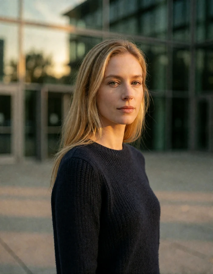 German woman in her mid-thirties with long straight blonde hair and a navy knit sweater near a glass and steel plaza