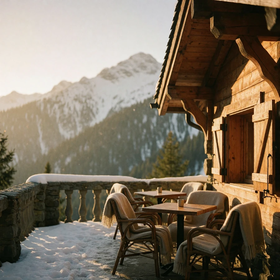 Wooden mountain lodge terrace in the Andorran Pyrenees at golden hour with snow-dusted peaks beyond