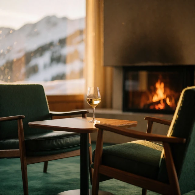 Quiet alpine hotel lounge corner with two leather armchairs, a glass of white wine and a softly lit fireplace