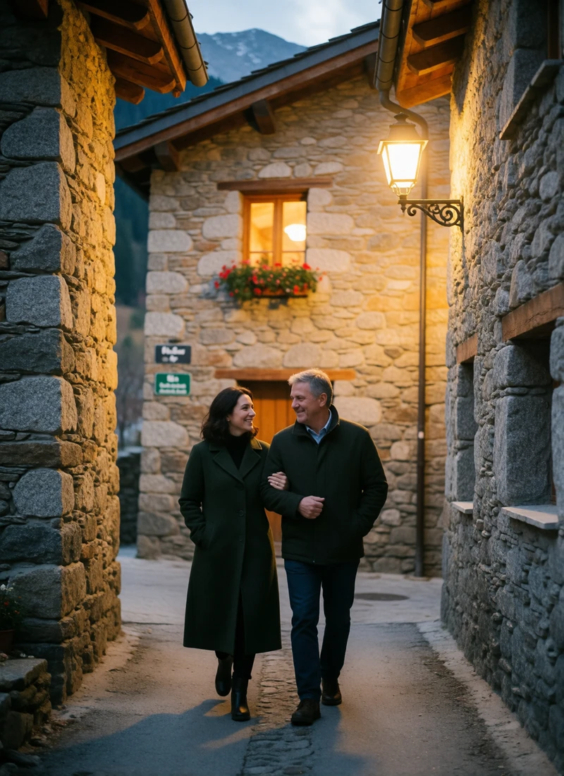 Couple in their forties walking arm in arm down a stone village lane in Andorra at dusk
