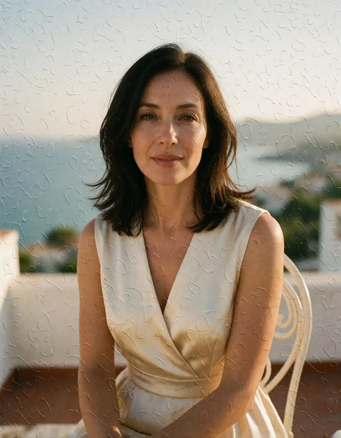 Cypriot woman in her early forties seated on a rooftop terrace overlooking the coastline