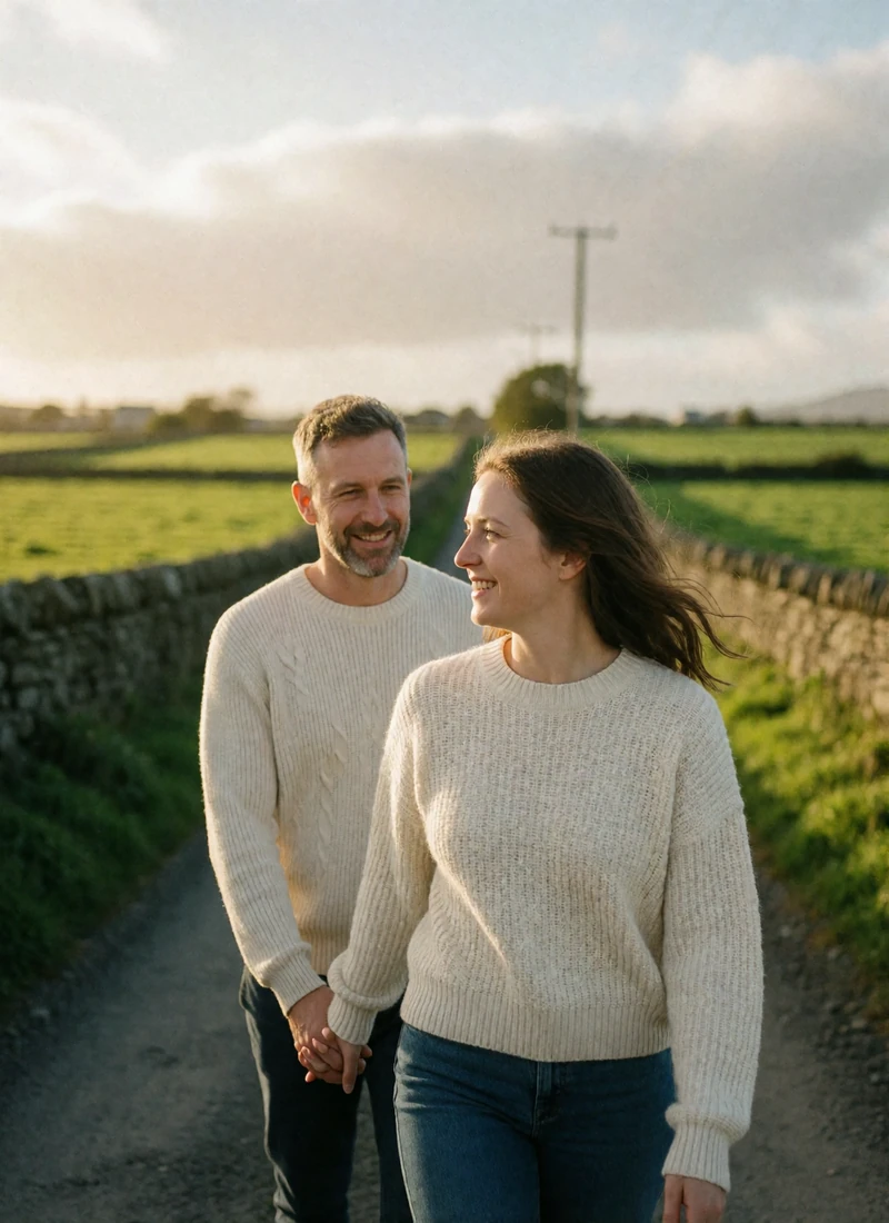 Couple in their forties walking a narrow country lane in rural Ireland with dry stone walls and green fields on either side