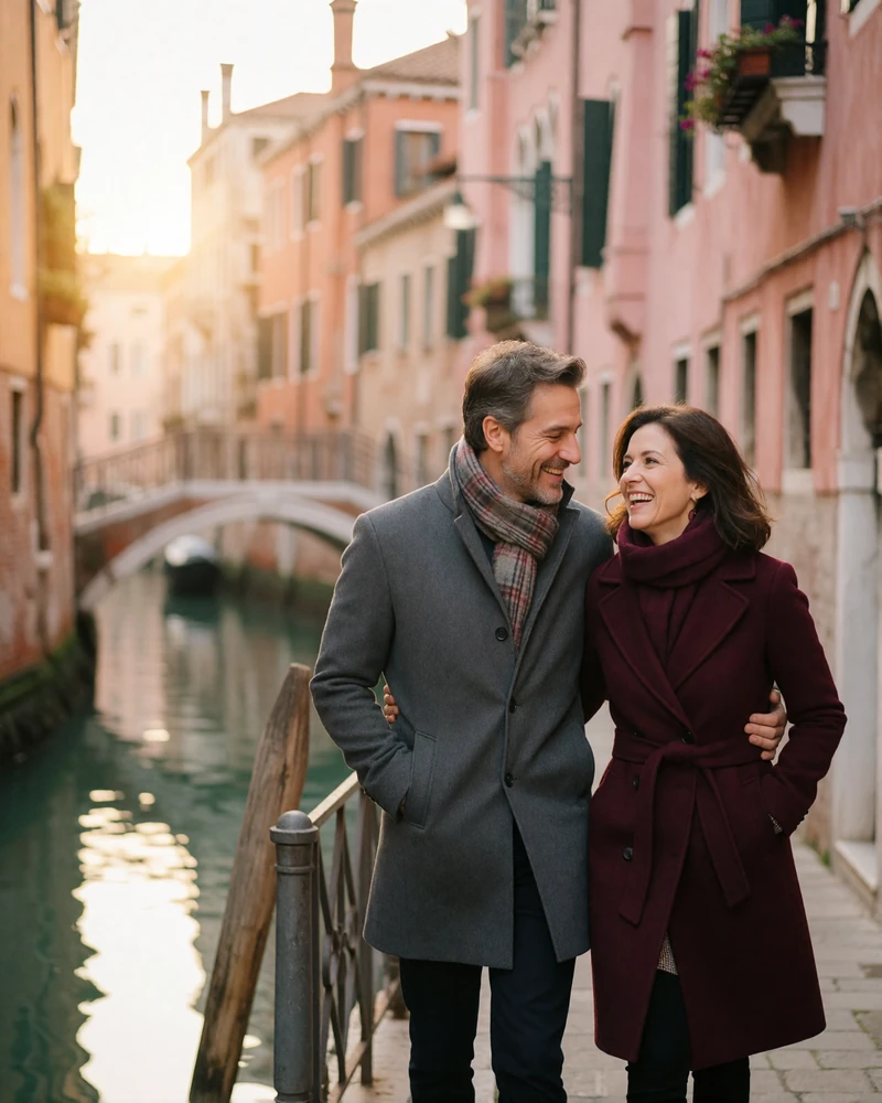 Couple in their forties walking arm in arm along a narrow Venetian canal-side path in warm afternoon light