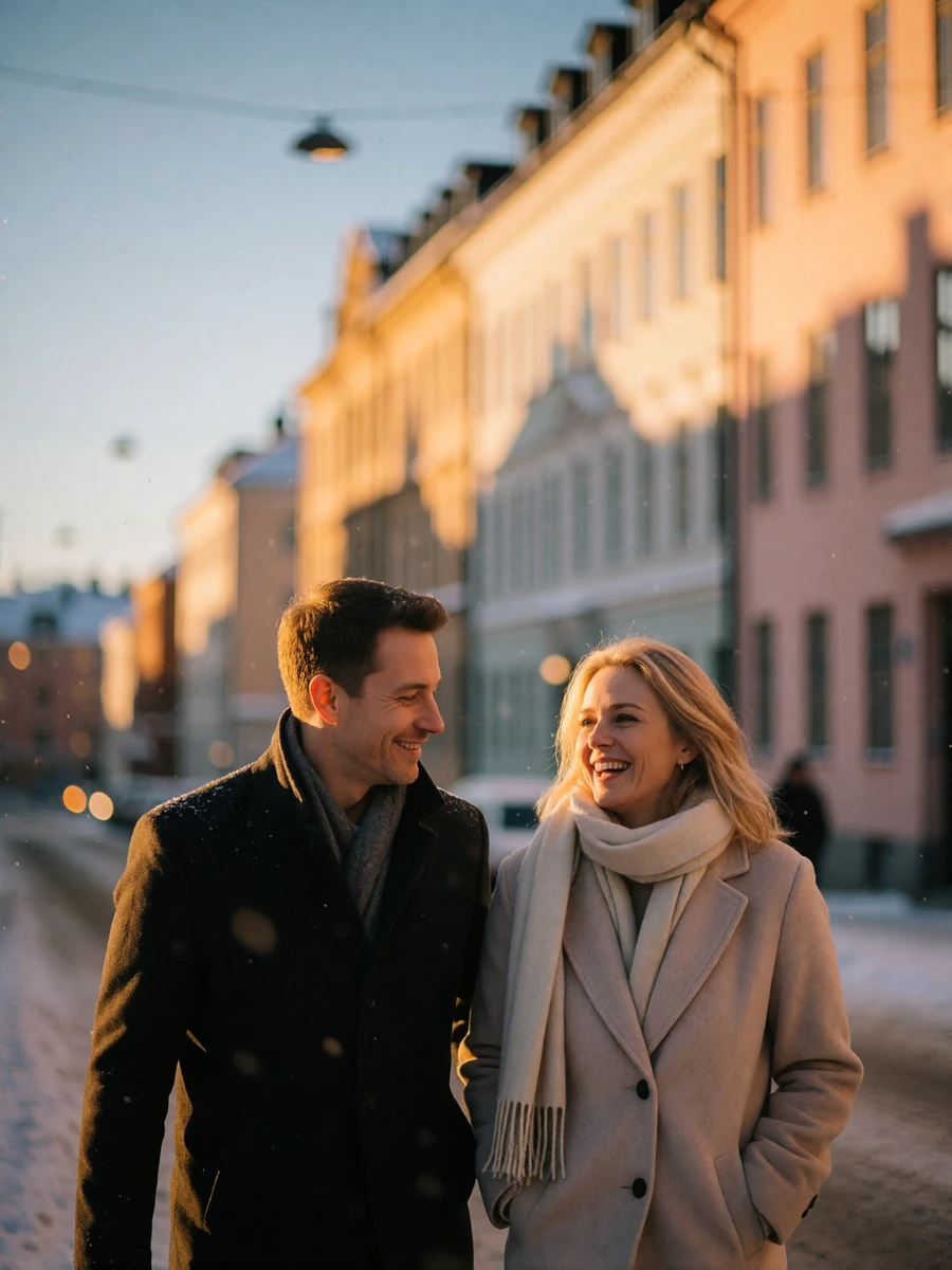 Couple in their late thirties walking together along a snow-dusted Oslo street at dusk
