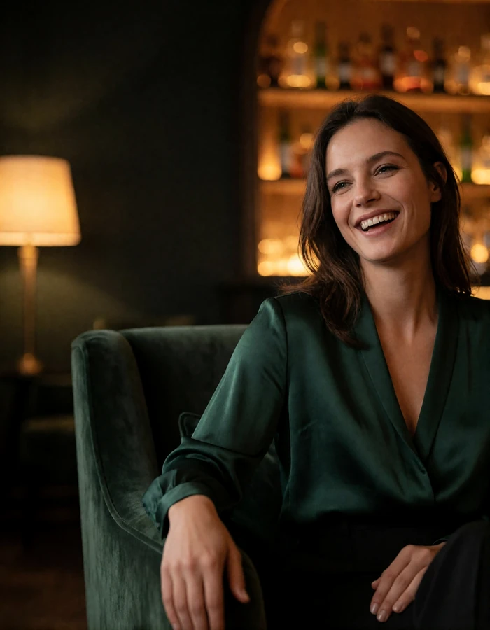 European woman laughing softly in a deep velvet armchair inside a dim luxury hotel lounge