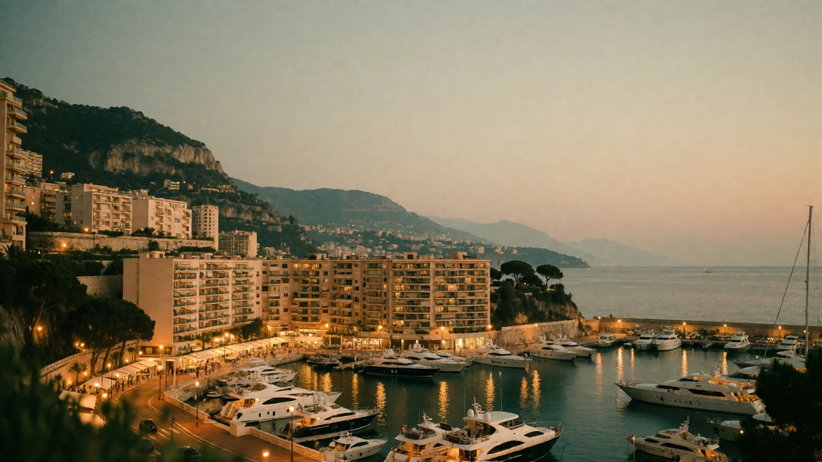 Elevated dusk view of Monaco's terraced buildings above a yacht-filled harbor along the Mediterranean coastline