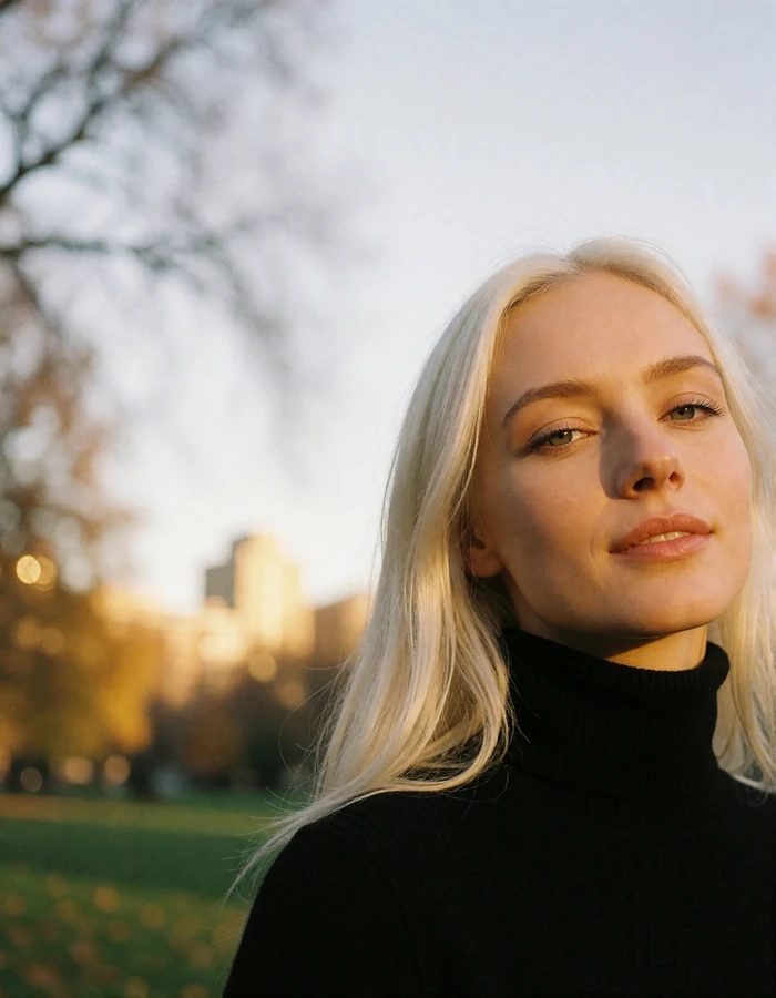 British woman in her late twenties with platinum-blonde hair and a black turtleneck in an autumn city park