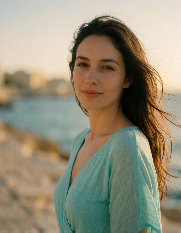 Maltese woman in her early thirties with long dark hair and a turquoise top on the Sliema seafront promenade