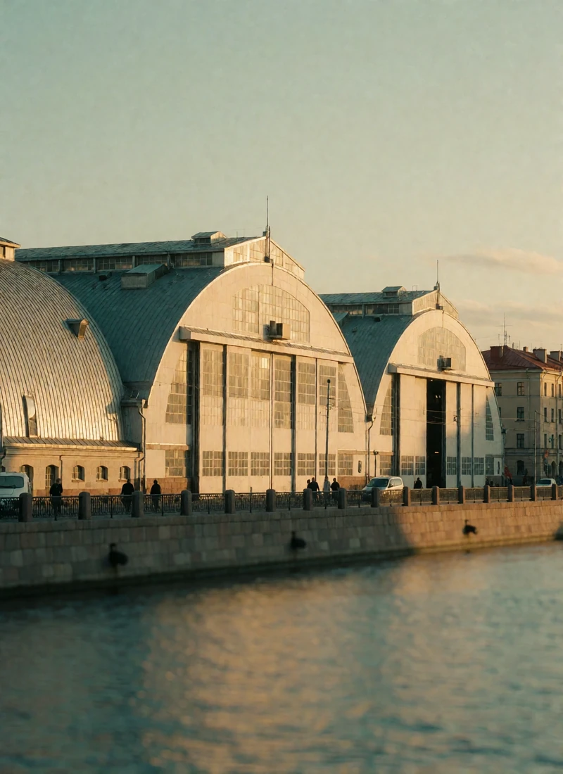 Curved hangar pavilions of Riga central market beside the canal with the city skyline behind at golden hour