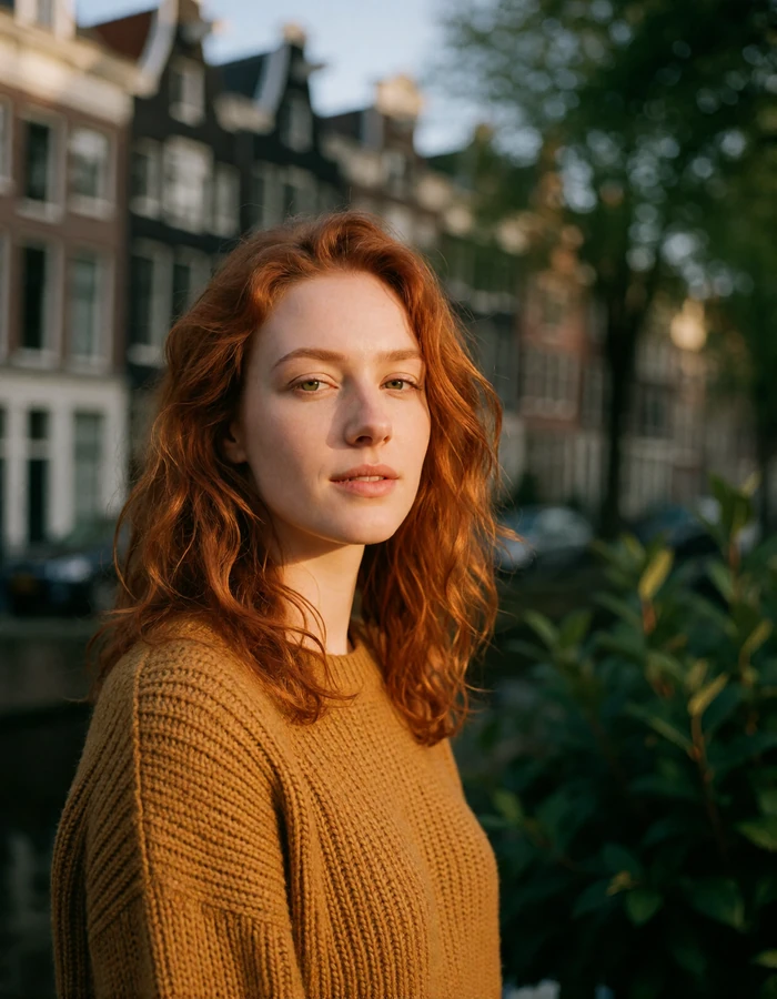 Dutch woman in her late twenties with wavy copper-red hair in a mustard knit sweater near canal houses