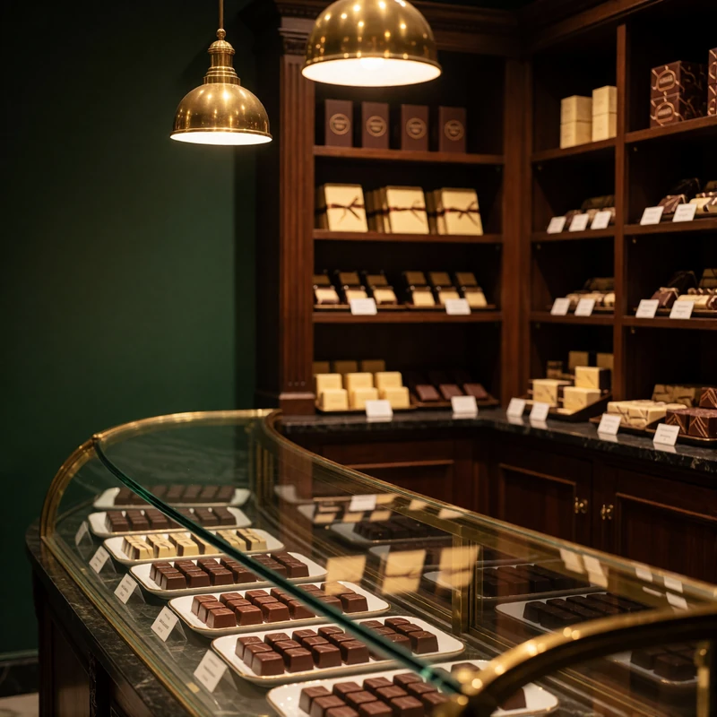 Warm interior of a Brussels chocolate boutique with dark wood shelving and handmade chocolates in a glass display case