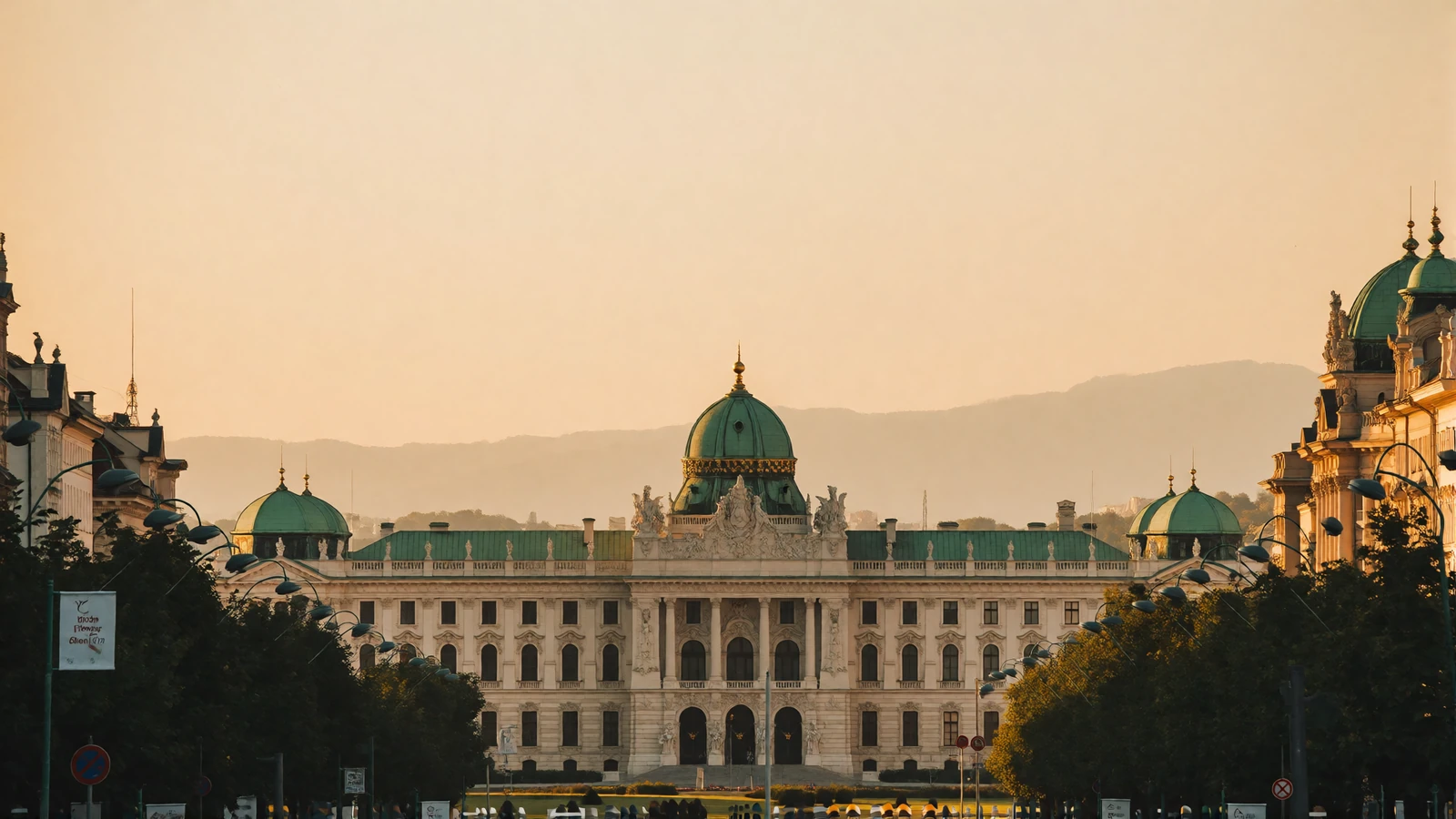 Wide golden-hour view across central Vienna showing an imperial palace wing and green copper domes above tree-lined avenues