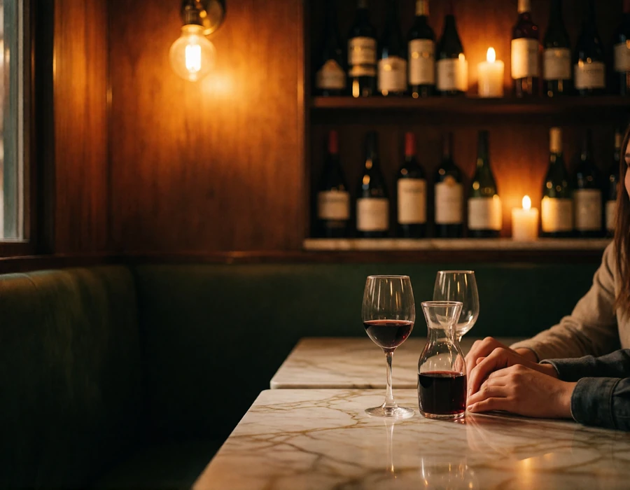 Candlelit interior of an intimate Roman trattoria with a marble-topped table set for an evening meal