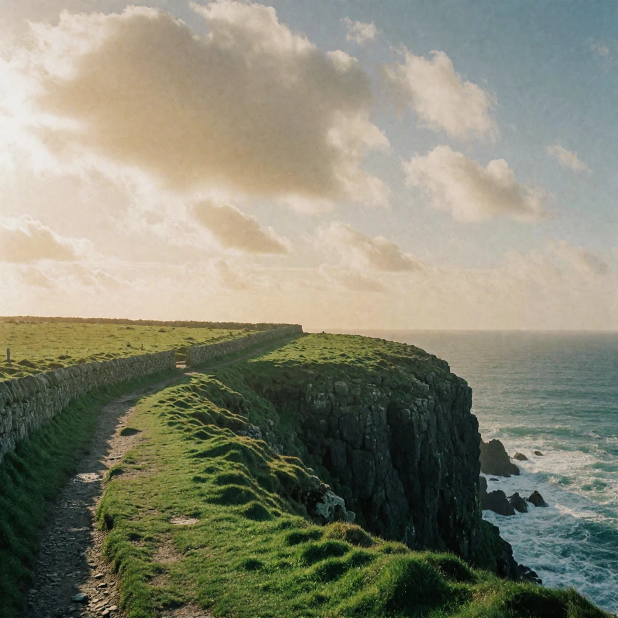 Emerald clifftop path along the Irish Atlantic coast with a low stone wall and bright horizon