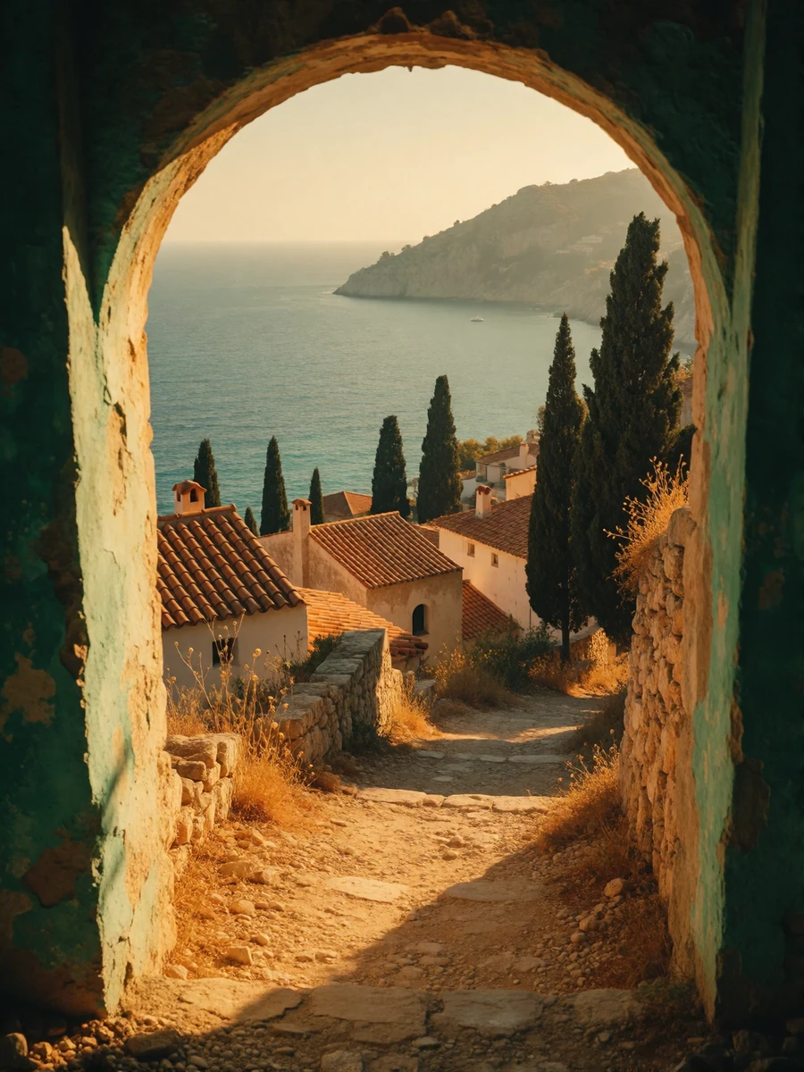 View through a weathered stone archway onto a Mediterranean coastline with terracotta rooftops