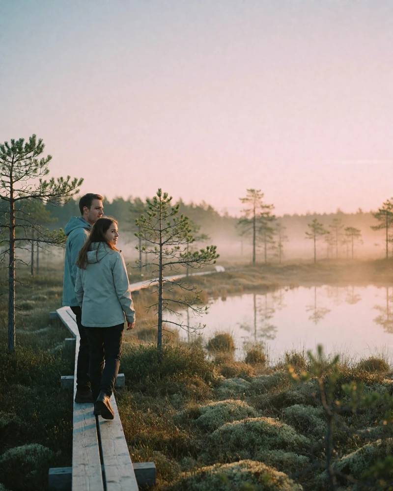 Couple walking hand in hand along a wooden boardwalk across an Estonian bog landscape at sunrise