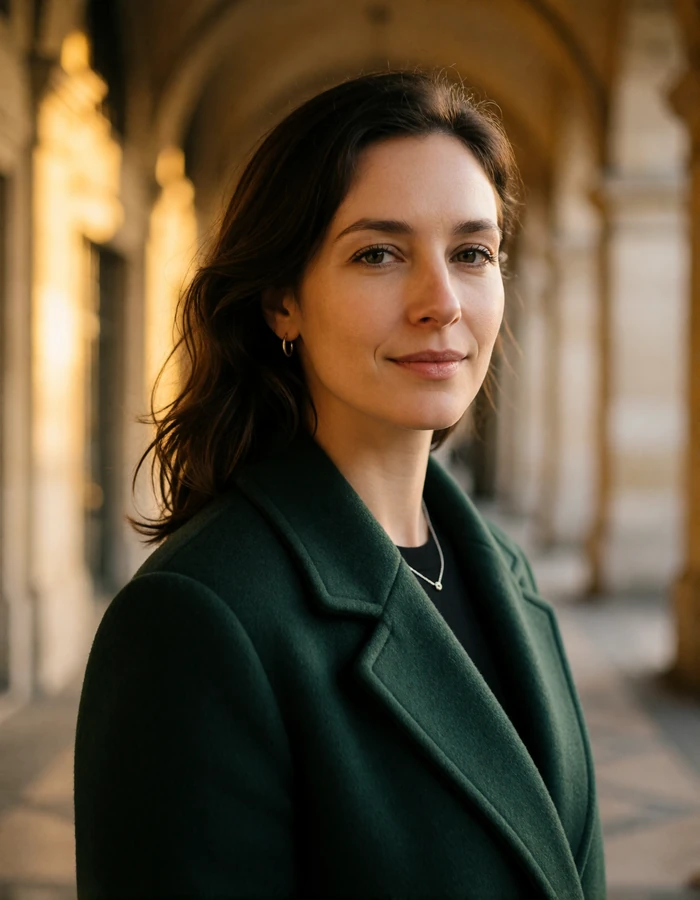 Belgian woman in her mid-thirties with dark brown hair and a forest-green wool coat near a stone arcade