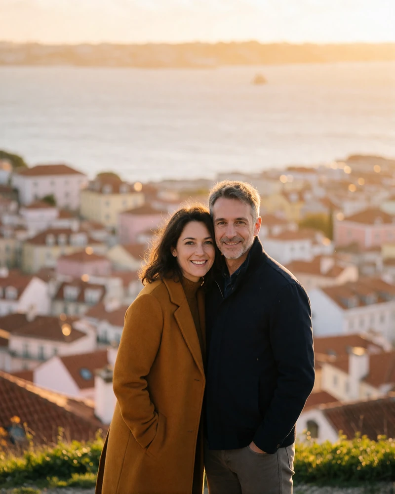 Couple in their late thirties at a Lisbon hilltop viewpoint smiling with blurred pastel rooftops and a wide river behind them