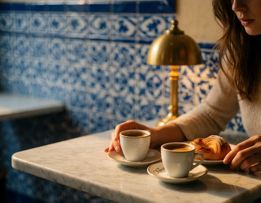 Small Lisbon cafe table with espresso cups and a pastry plate against a blue-and-white tiled wall