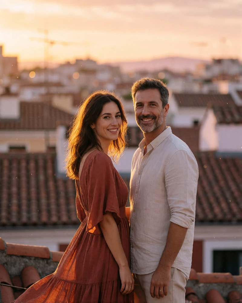 Couple in their late thirties standing together on a Madrid rooftop terrace at sunset with a tiled skyline behind them