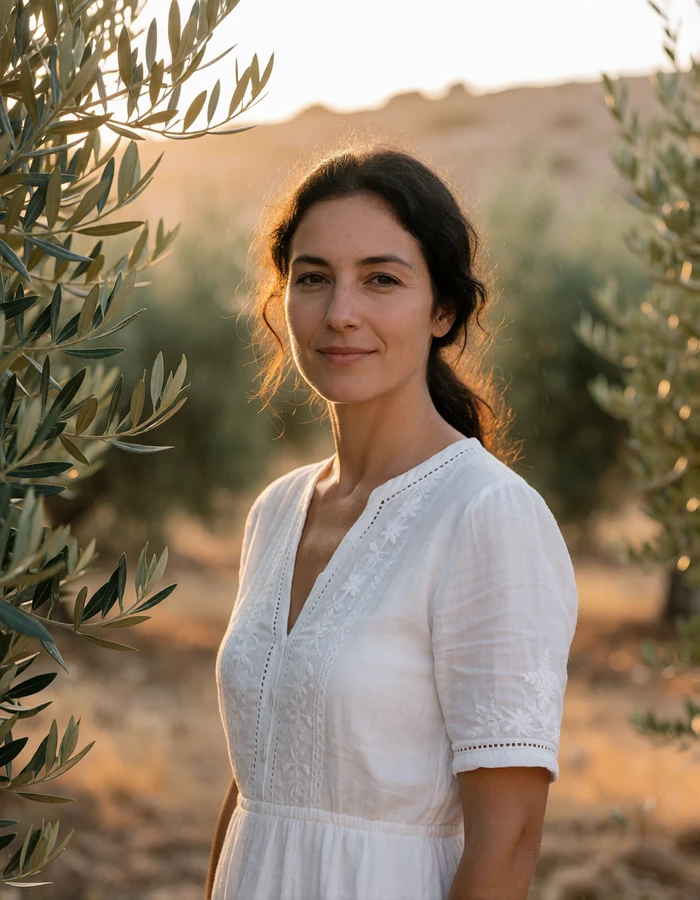 Greek woman in her mid thirties in a white cotton dress in a Cretan olive grove at golden hour
