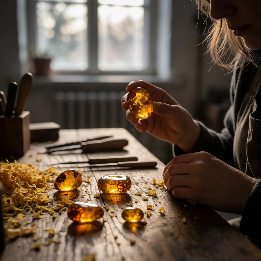 Close view of Baltic amber pieces and an artisan's hands on a wooden workbench