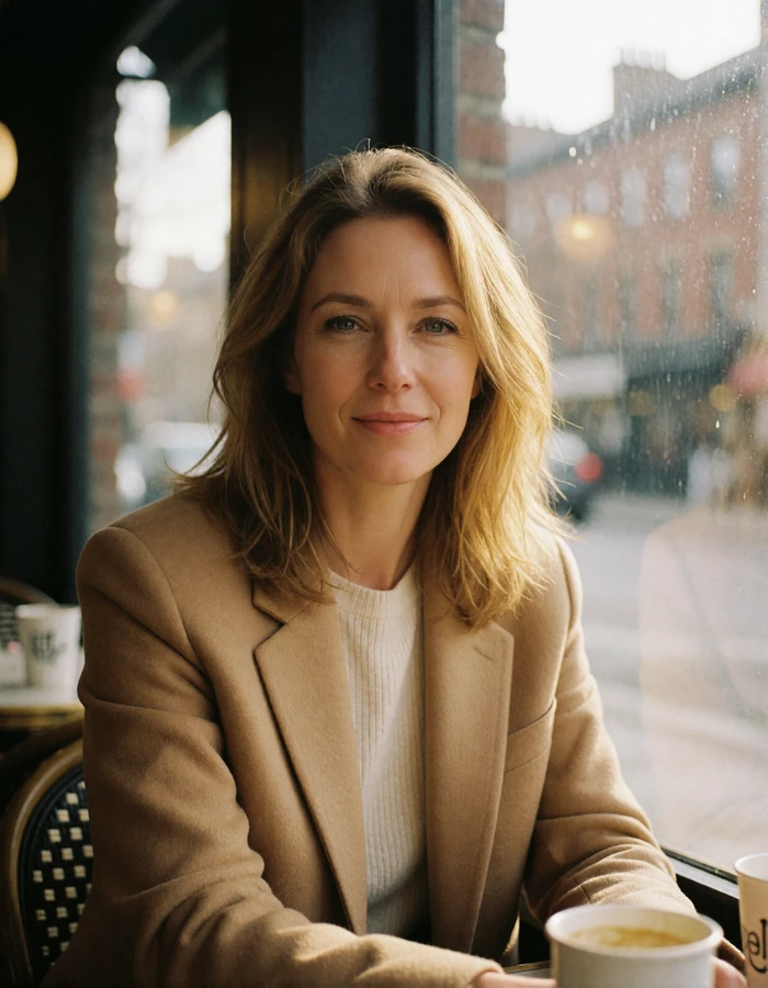 Irish woman in her early forties seated by a cafe window in Cork with soft daylight on her face