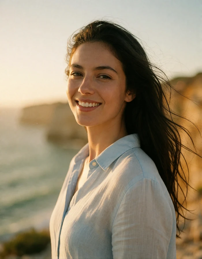 Portuguese woman in her late twenties with long dark hair and a light blue linen shirt on a windswept Algarve coastline