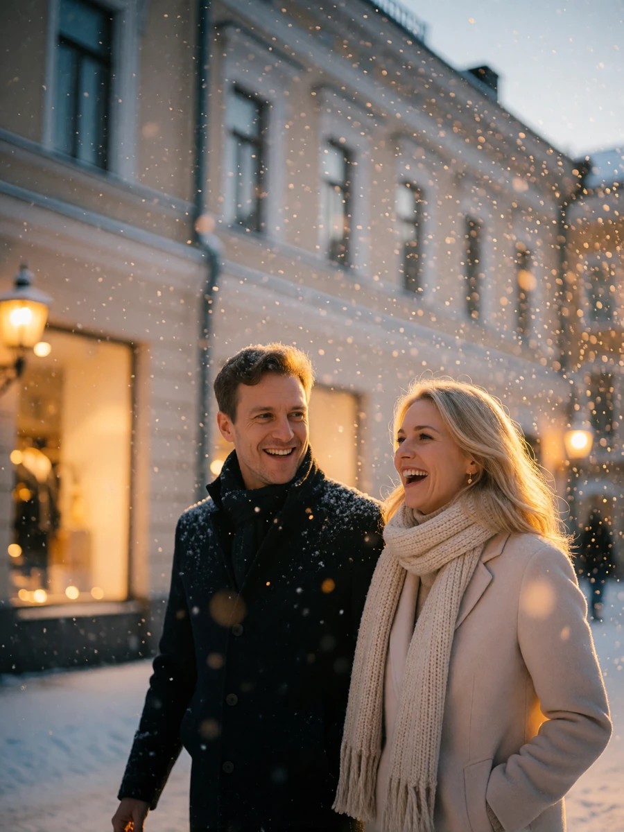 Couple walking together through falling snow on a Helsinki street lined with pale classical facades