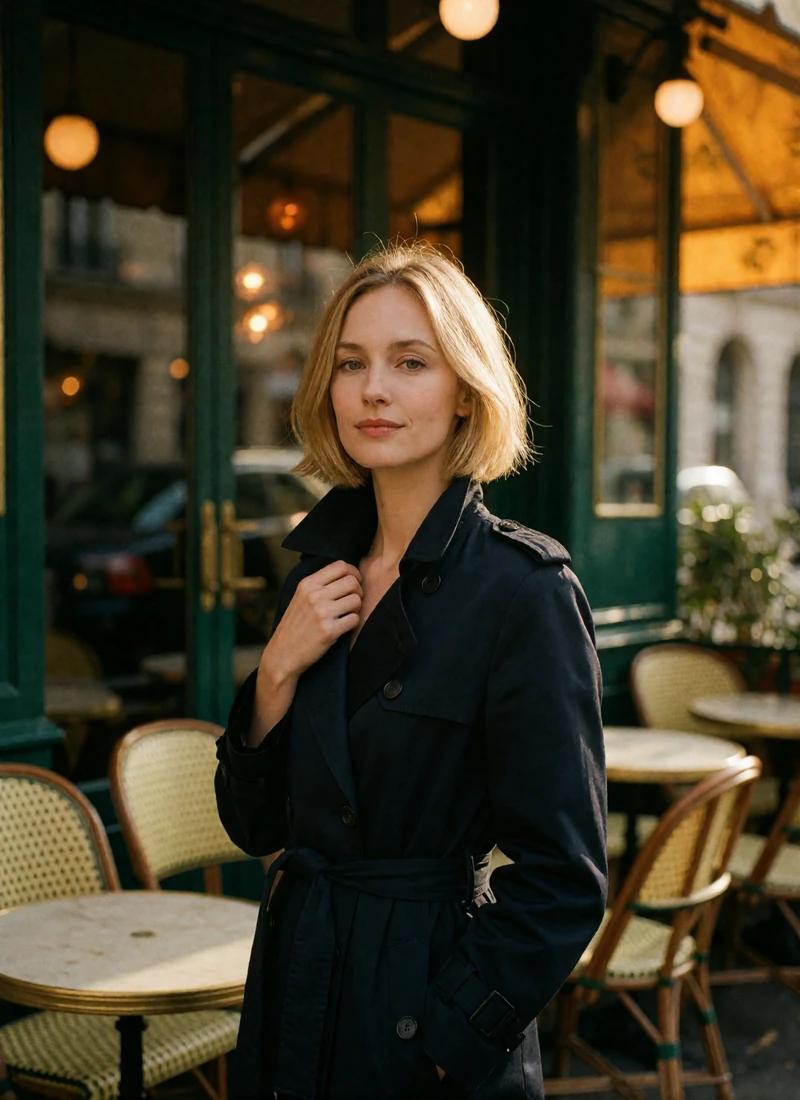 French woman with a blonde bob in a navy trench coat beside a Parisian cafe terrace