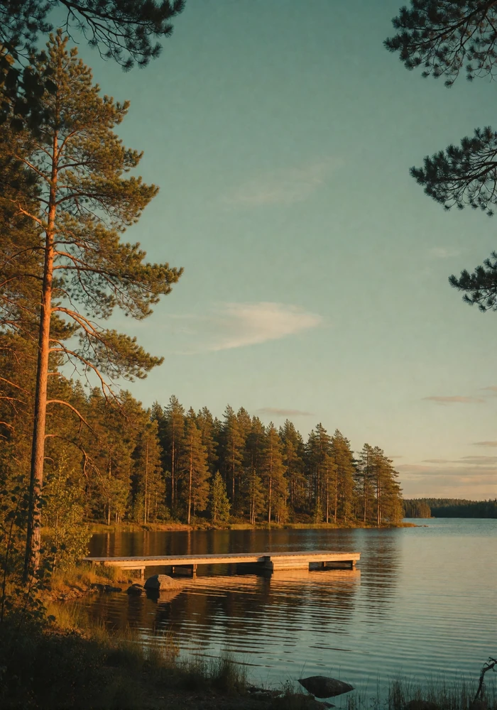 Calm Finnish lake ringed by pine forest with a wooden jetty at the shore