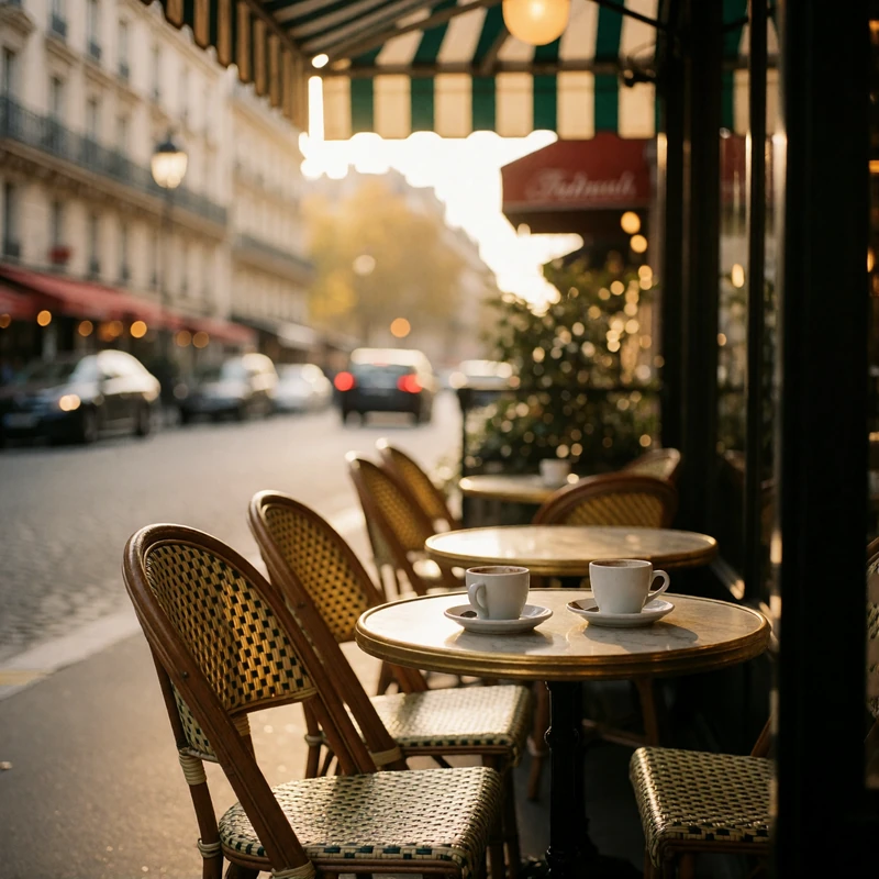 Rattan bistro chairs and small marble tables on a classic Parisian cafe terrace at golden hour