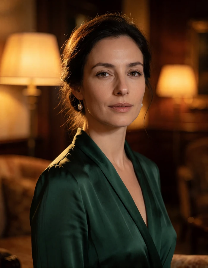 Italian woman in her mid thirties with dark hair swept back and a deep green blouse in a softly lit Roman hotel lounge