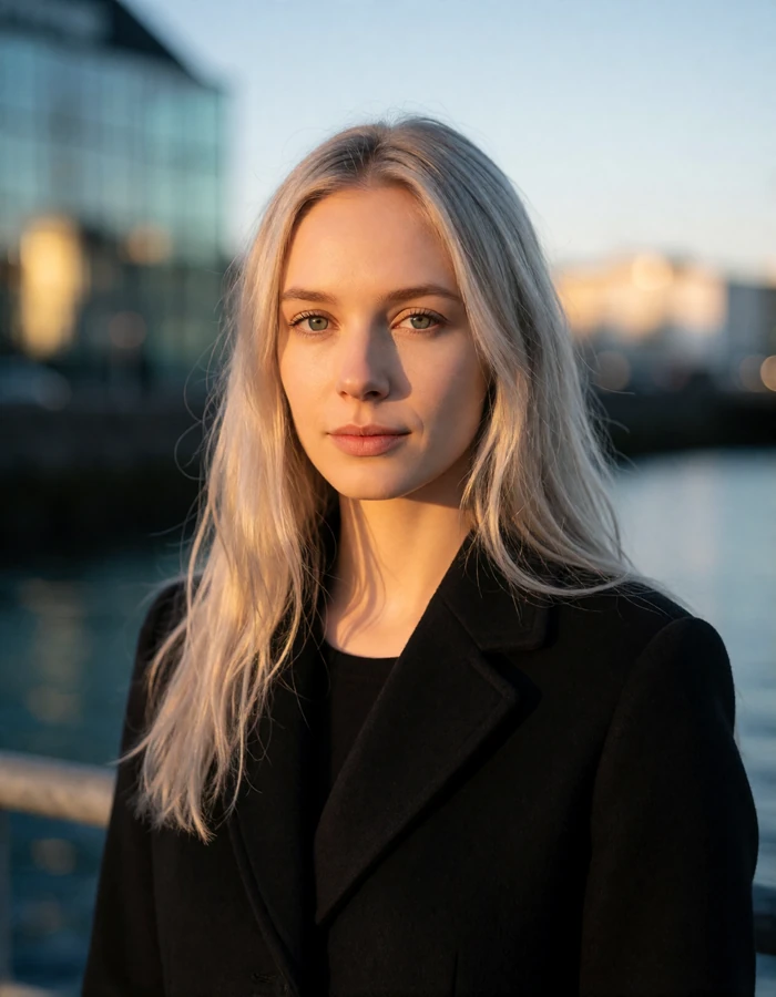 Icelandic woman in her late twenties with pale-blonde hair and a black wool coat on the Reykjavik waterfront